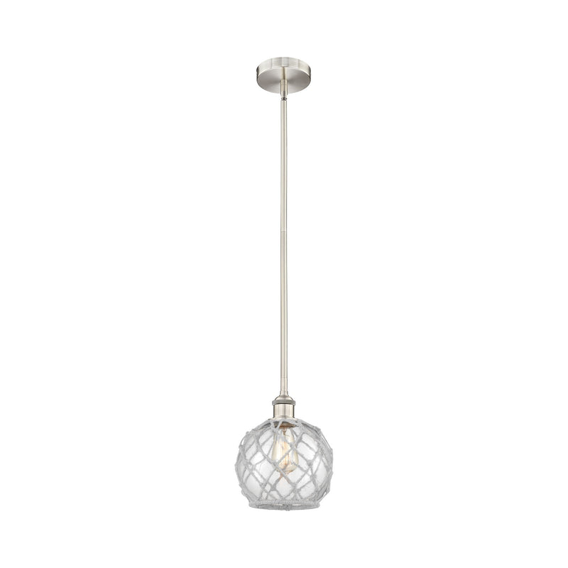 Innovations Farmhouse Rope 8in 1-Light Mini Pendant | Industrial Brushed Satin Nickel Steel and Clear Glass with White Rope | Model 616-1S-SN-G122-8RW-LED