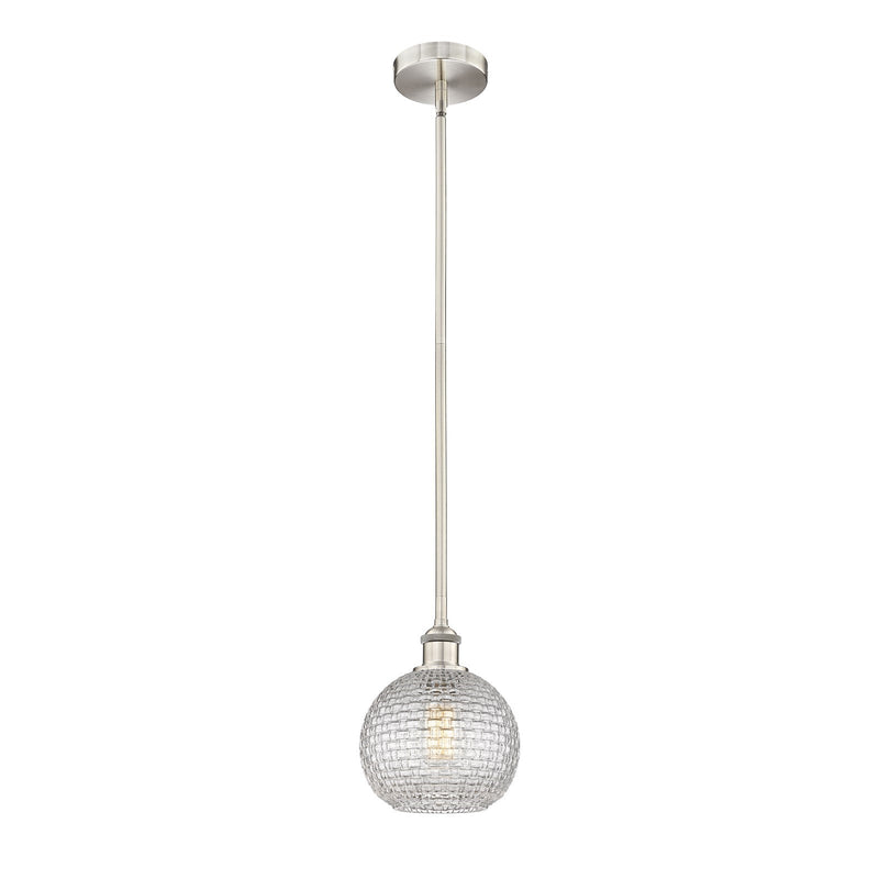 Innovations Athens 8in 1-Light Mini Pendant | Modern Farmhouse Brushed Satin Nickel Steel and Clear Basket Weave Glass | Model 616-1S-SN-G122C-8CL