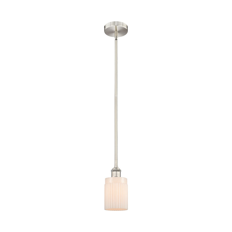 Innovations Hadley 4.5in 1-Light Mini Pendant | Transitional Brushed Satin Nickel and Matte White Ribbed Glass | Kitchen Island | Model 616-1S-SN-G341-LED
