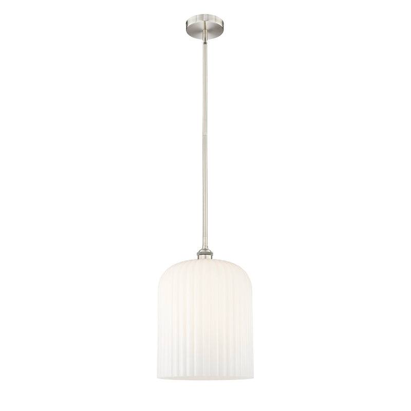 Innovations Bridal Veil 5in 1-Light Mini Pendant | Industrial Brushed Satin Nickel and Gloss White Ribbed Glass | Kitchen | Model 616-1S-SN-G559-12GWH