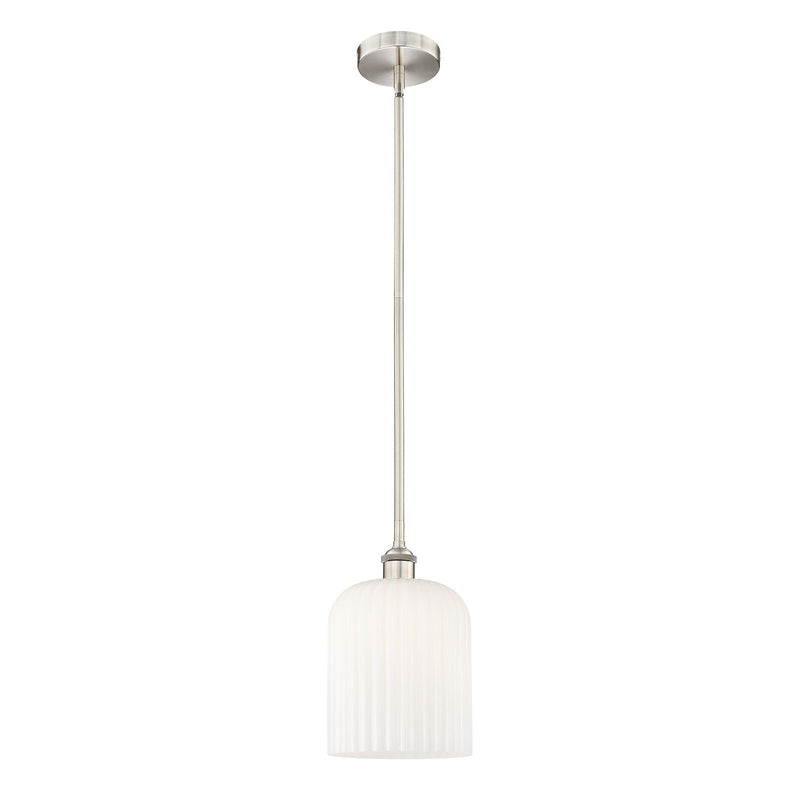 Innovations Bridal Veil 5in 1-Light Mini Pendant | Art Nouveau Brushed Satin Nickel and Gloss White Ribbed Glass | Kitchen | Model 616-1S-SN-G559-8GWH