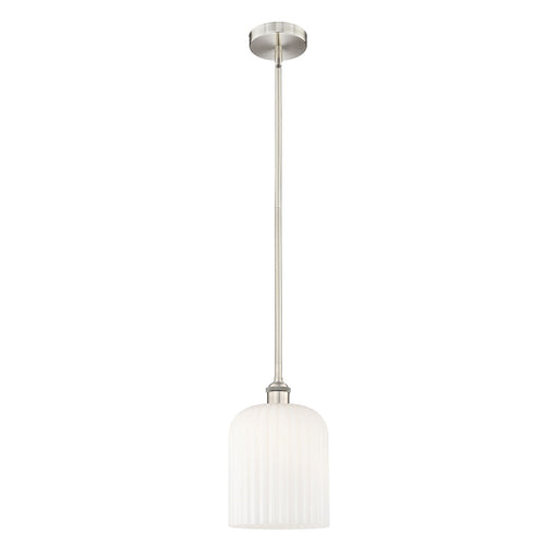 Innovations Bridal Veil 5in 1-Light Mini Pendant | Art Nouveau Brushed Satin Nickel and Gloss White Ribbed Glass | Kitchen | Model 616-1S-SN-G559-8GWH