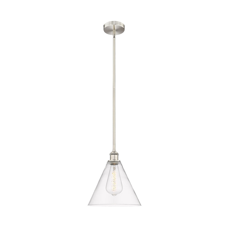 Innovations Berkshire 12in 1-Light Mini Pendant | Industrial Brushed Satin Nickel and Clear Cone Glass | Kitchen Island & | Model 616-1S-SN-GBC-122-LED
