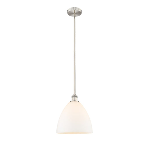 Innovations Bristol 12in 1-Light Mini Pendant | Industrial Brushed Satin Nickel Steel and Matte White Glass | Kitchen Island | Model 616-1S-SN-GBD-121-LED