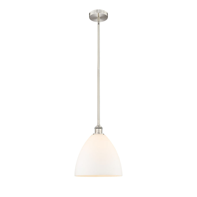 Innovations Bristol 12in 1-Light Mini Pendant | Industrial Brushed Satin Nickel Steel and Matte White Glass | Kitchen Island | Model 616-1S-SN-GBD-121-LED