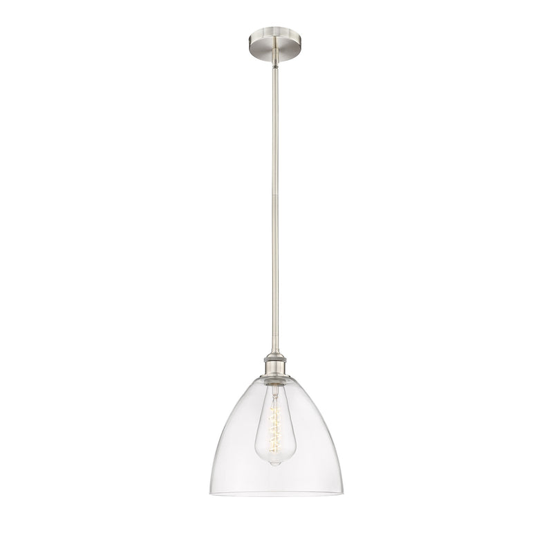 Innovations Bristol 12in 1-Light Mini Pendant | Industrial Brushed Satin Nickel Steel and Clear Glass | Kitchen Island & Dining | Model 616-1S-SN-GBD-122