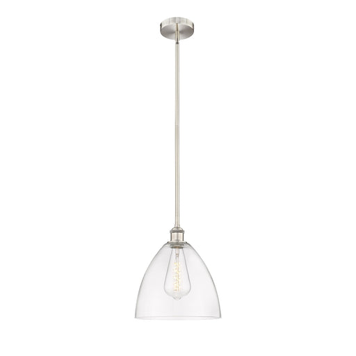 Innovations Bristol 12in 1-Light Mini Pendant | Industrial Brushed Satin Nickel Steel and Clear Glass | Kitchen Island & Dining | Model 616-1S-SN-GBD-122