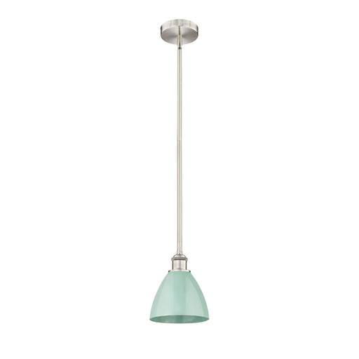 Innovations Plymouth 7.5in 1-Light Mini Pendant | Industrial Farmhouse Brushed Satin Nickel and Matte Seafoam Metal Shade | Model 616-1S-SN-MBD-75-SF