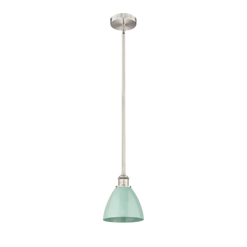 Innovations Plymouth 7.5in 1-Light Mini Pendant | Industrial Farmhouse Brushed Satin Nickel and Matte Seafoam Metal Shade | Model 616-1S-SN-MBD-75-SF