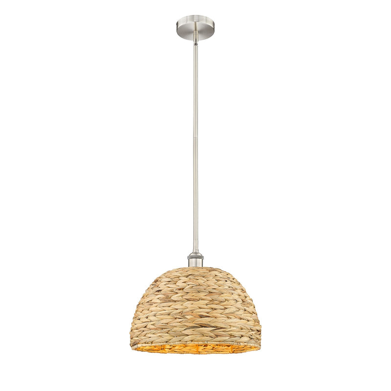 Innovations Woven Rattan 16in 1-Light Mini Pendant | Industrial Brushed Satin Nickel and Matte Black Natural Fiber Shade | Model 616-1S-SN-RBD-16-NAT