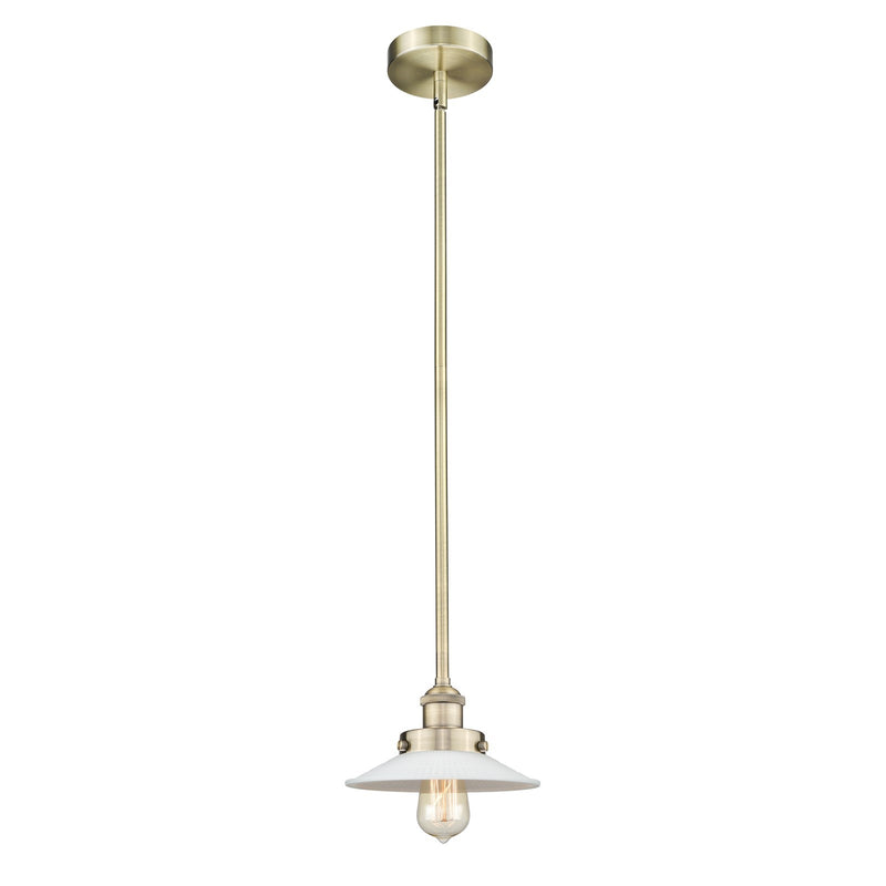 Innovations Halophane 9in 1-Light Mini Pendant | Industrial Antique Brass Steel and Matte White Frosted Glass | Kitchen Island & | Model 616-1SH-AB-G1-LED