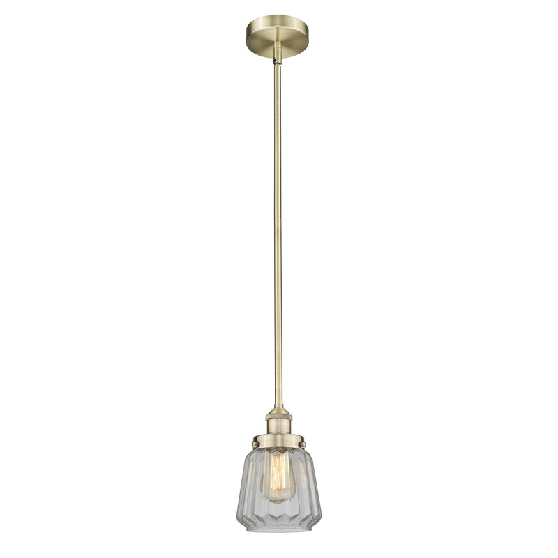 Innovations Chatham 7in 1-Light Mini Pendant | Art Deco Industrial Antique Brass and Clear Ribbed Glass | Kitchen Island & Dining | Model 616-1SH-AB-G142