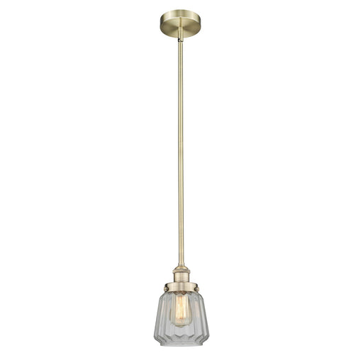 Innovations Chatham 7in 1-Light Mini Pendant | Art Deco Industrial Antique Brass and Clear Ribbed Glass | Kitchen Island & Dining | Model 616-1SH-AB-G142