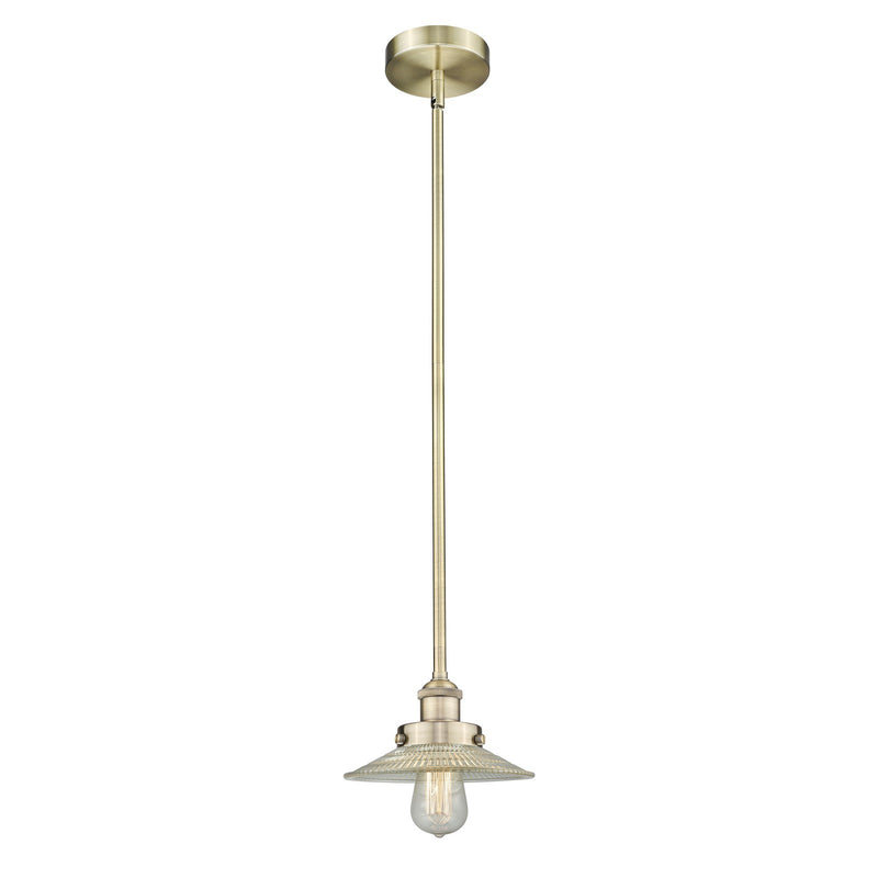 Innovations Halophane 9in 1-Light Mini Pendant | Industrial Antique Brass and Clear Halophane Glass | Kitchen Island & Dining | Model 616-1SH-AB-G2-LED