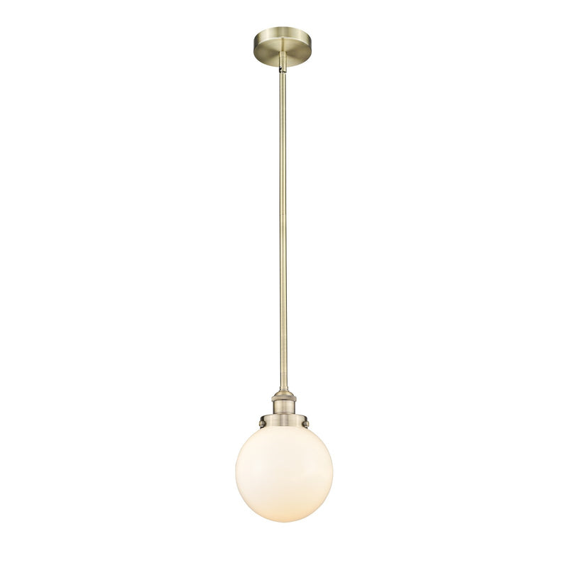 Innovations Beacon 8in 1-Light Mini Pendant | Industrial Antique Brass and Matte White Frosted Glass | Kitchen Island & Dining | Model 616-1SH-AB-G201-8