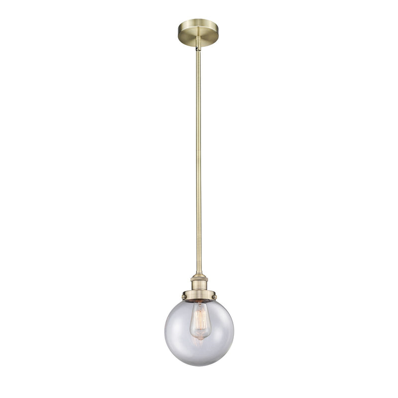 Innovations Beacon 8in 1-Light Mini Pendant | Industrial Antique Brass and Clear Glass | Kitchen Island & Dining Room | Damp | Model 616-1SH-AB-G202-8