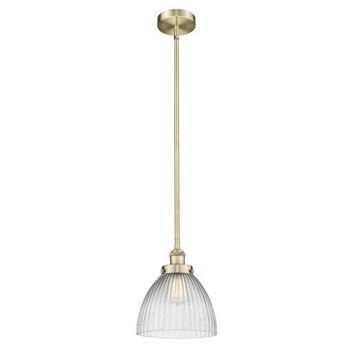 Innovations Seneca Falls 9.5in 1-Light Mini Pendant | Traditional Industrial Antique Brass and Clear Halophane Glass | Kitchen | Model 616-1SH-AB-G222-LED