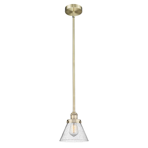 Innovations Cone 1-Light 7.75in Mini Pendant | Industrial Farmhouse Antique Brass Steel and Seedy Glass | Kitchen Island & | Model 616-1SH-AB-G44-LED