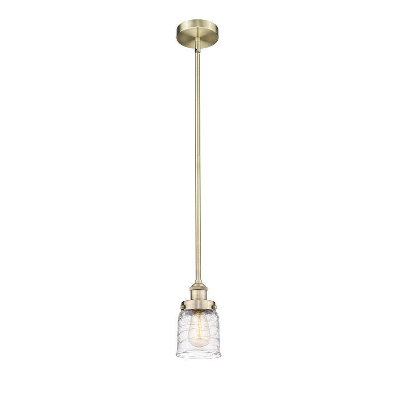 Innovations Bell 5in 1-Light Mini Pendant | Industrial Farmhouse Antique Brass Steel and Clear Deco Swirl Glass | Kitchen | Model 616-1SH-AB-G513-LED