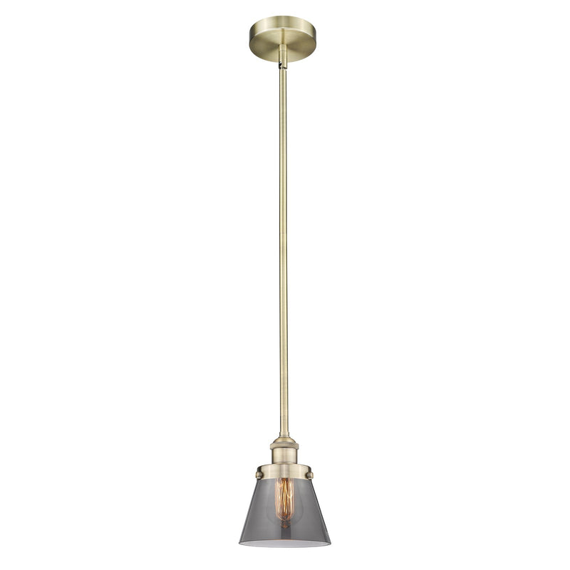 Innovations Cone 6.25in 1-Light Mini Pendant | Industrial Antique Brass Steel and Light Smoke Glass | Kitchen Island & Dining | Model 616-1SH-AB-G63-LED