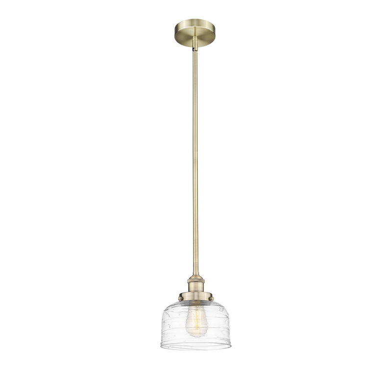 Innovations Bell 8in 1-Light Mini Pendant | Industrial Farmhouse Antique Brass Steel and Clear Deco Swirl Glass | Kitchen Island & | Model 616-1SH-AB-G713