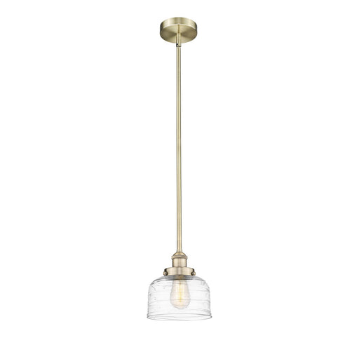 Innovations Bell 8in 1-Light Mini Pendant | Industrial Farmhouse Antique Brass Steel and Clear Deco Swirl Glass | Kitchen Island & | Model 616-1SH-AB-G713