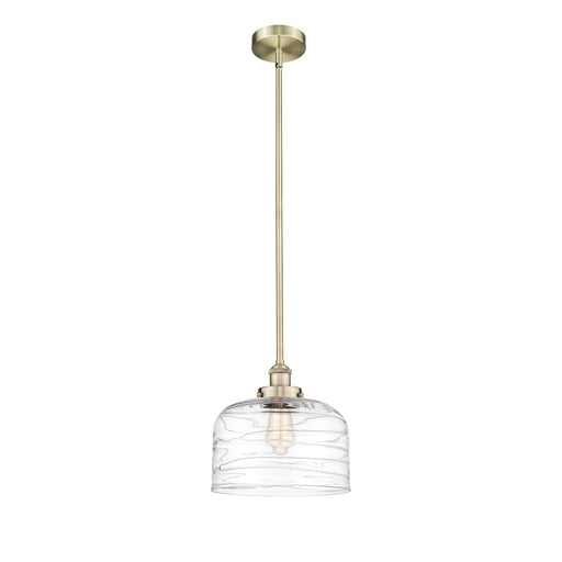 Innovations Bell 12in 1-Light Mini Pendant | Industrial Antique Brass Steel and Clear Deco Swirl Glass | Kitchen Island & Dining | Model 616-1SH-AB-G713-L
