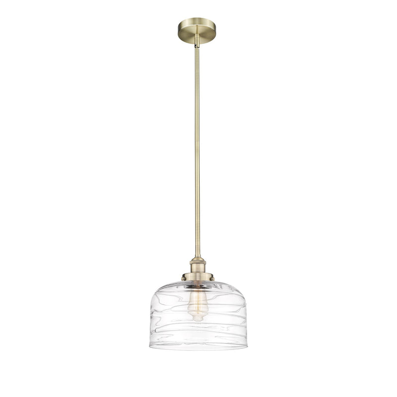 Innovations Bell 12in 1-Light Mini Pendant | Industrial Antique Brass Steel and Clear Deco Swirl Glass | Kitchen Island & | Model 616-1SH-AB-G713-L-LED