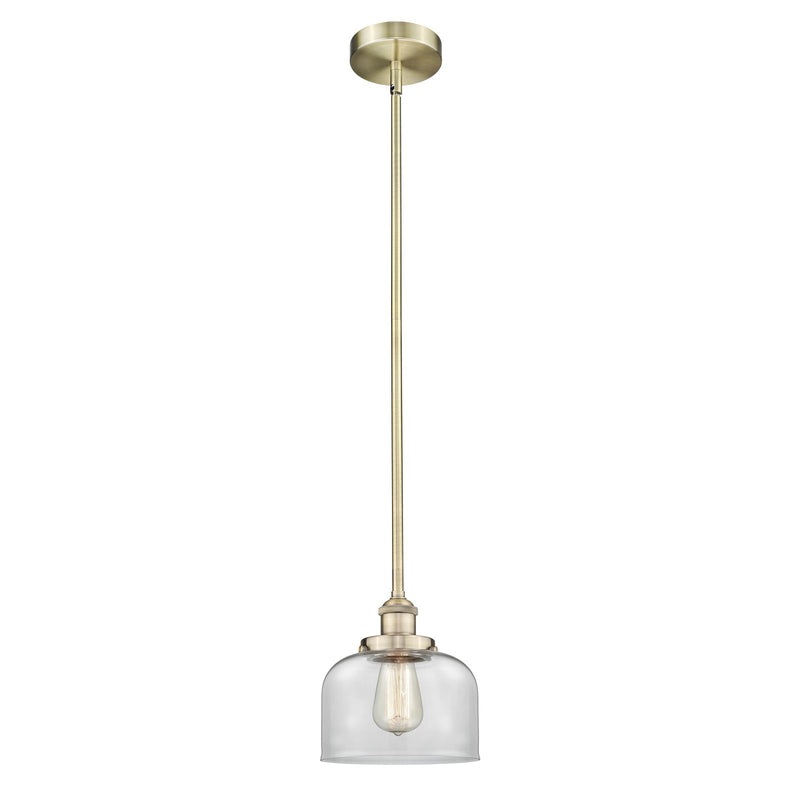 Innovations Bell 8in 1-Light Mini Pendant | Industrial Antique Brass Steel and Clear Glass | Kitchen Island & Dining Room | Damp | Model 616-1SH-AB-G72