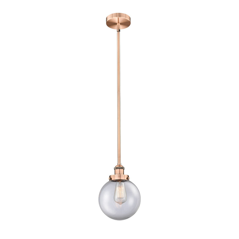 Innovations Beacon 8in 1-Light Mini Pendant | Industrial Antique Copper Steel and Clear Glass | Kitchen Island & Dining Room | Model 616-1SH-AC-G202-8-LED