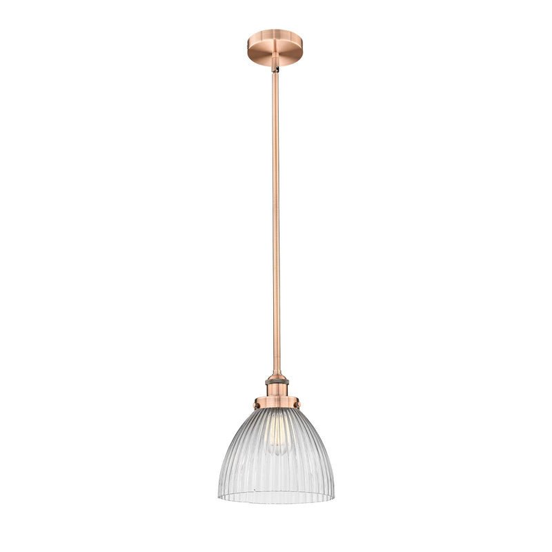 Innovations Seneca Falls 9.5in 1-Light Mini Pendant | Industrial Antique Copper Steel and Clear Halophane Glass | Kitchen | Model 616-1SH-AC-G222-LED