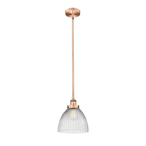 Innovations Seneca Falls 9.5in 1-Light Mini Pendant | Industrial Antique Copper Steel and Clear Halophane Glass | Kitchen | Model 616-1SH-AC-G222-LED