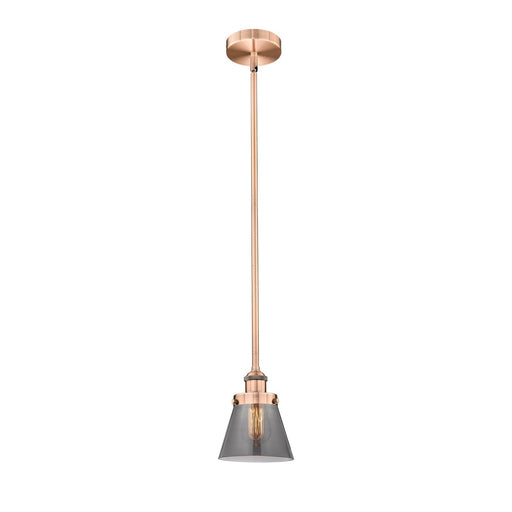 Innovations Cone 6.25in 1-Light Mini Pendant | Industrial Farmhouse Antique Copper Steel and Light Smoke Glass | Kitchen Island | Model 616-1SH-AC-G63-LED