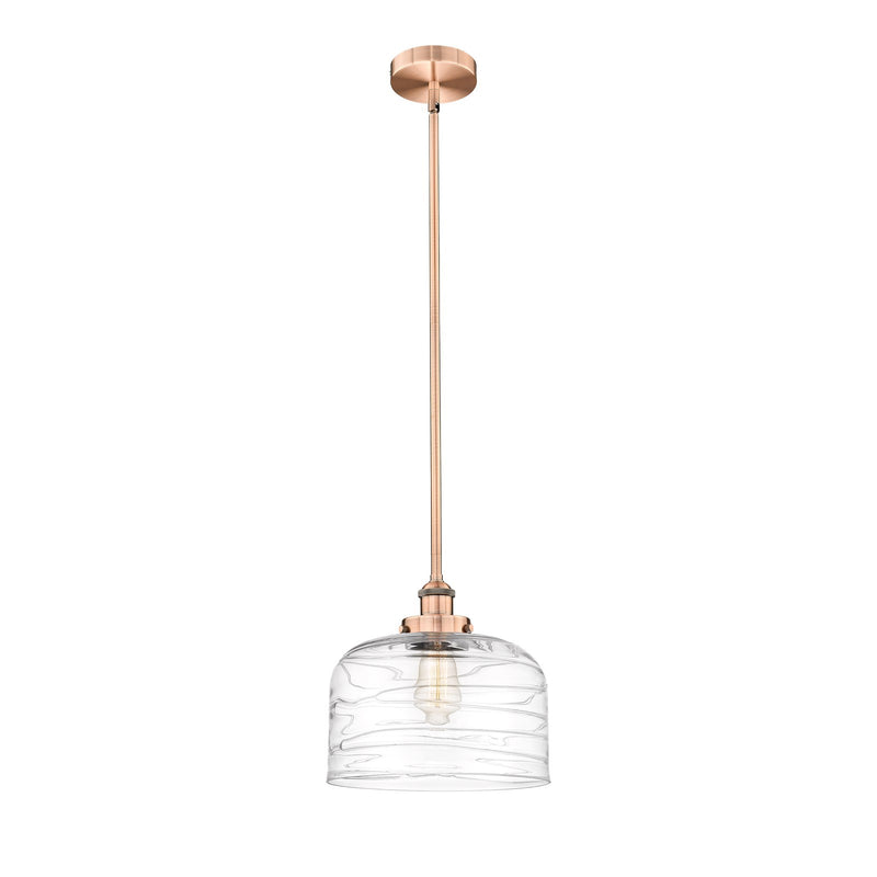 Innovations Bell 12in 1-Light Mini Pendant | Industrial Antique Copper Steel and Clear Deco Swirl Glass | Kitchen Island & | Model 616-1SH-AC-G713-L