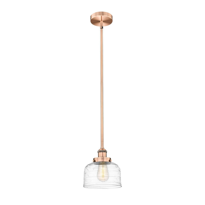 Innovations Bell 8in 1-Light Mini Pendant | Industrial Antique Copper Steel and Clear Deco Swirl Glass | Kitchen Island & | Model 616-1SH-AC-G713-LED