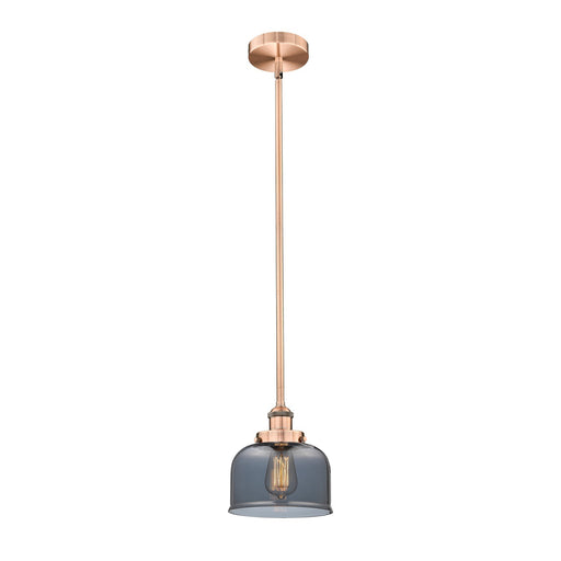 Innovations Bell 8in 1-Light Mini Pendant | Industrial Antique Copper Steel and Light Smoke Glass | Kitchen Island & Dining | Model 616-1SH-AC-G73-LED