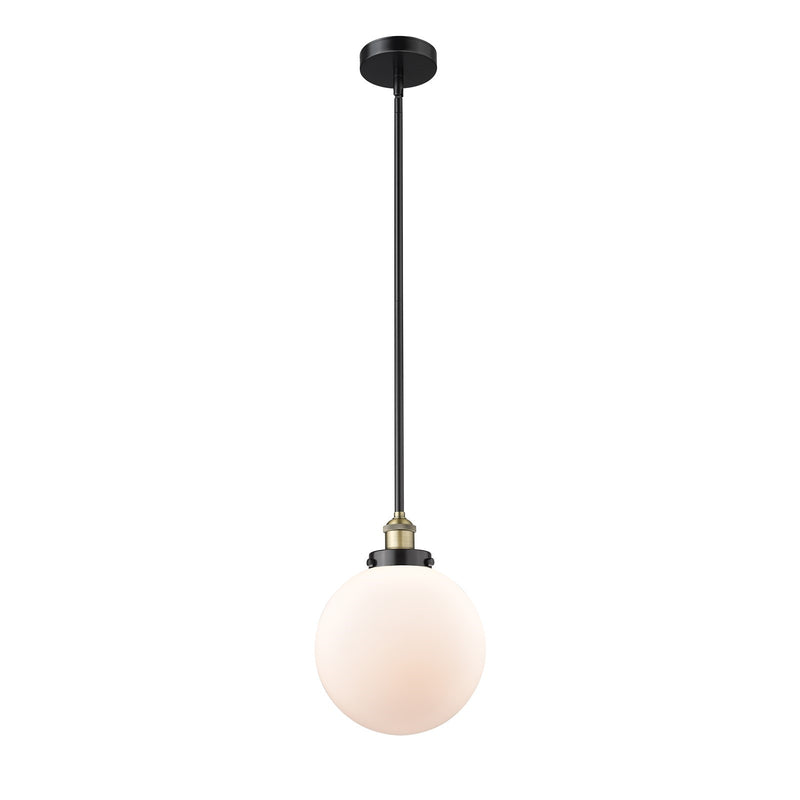 Innovations Beacon 10in 1-Light Mini Pendant | Industrial Black Antique Brass and Matte White Frosted Glass | Kitchen Island & | Model 616-1SH-BAB-G201-10