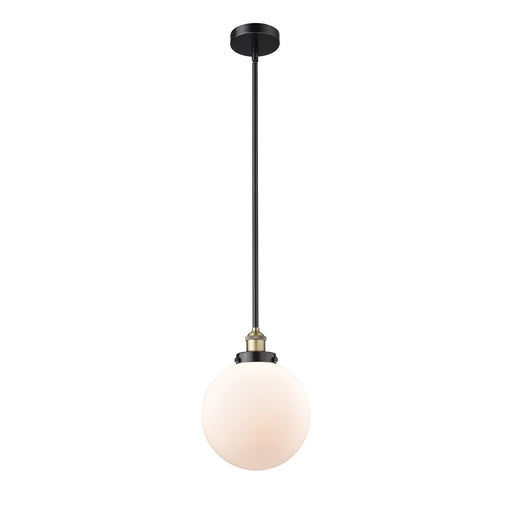 Innovations Beacon 10in 1-Light Mini Pendant | Industrial Black Antique Brass and Matte White Frosted Glass | Kitchen Island & | Model 616-1SH-BAB-G201-10