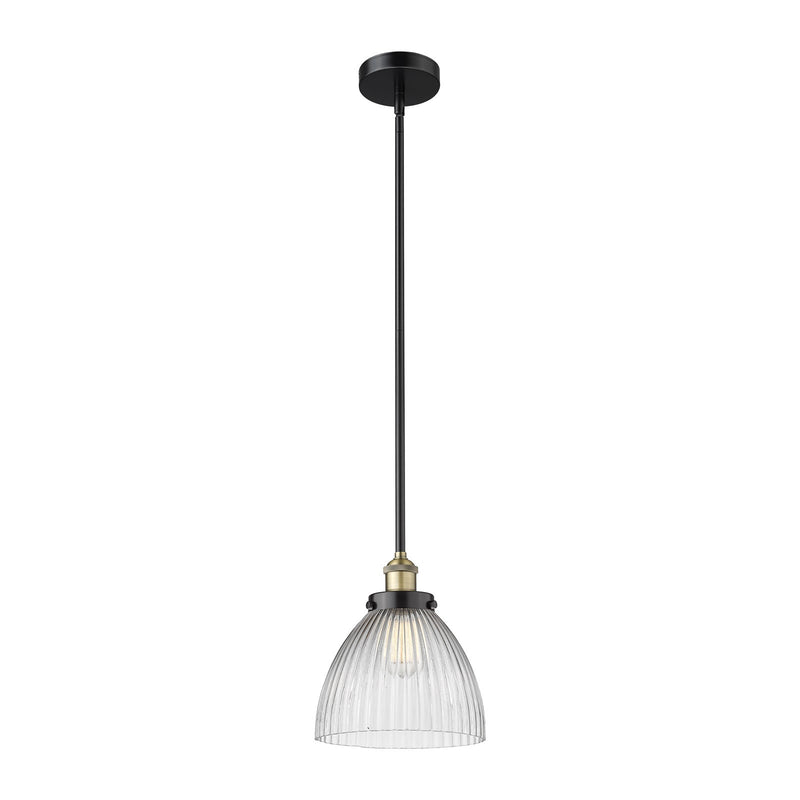Innovations Seneca Falls 9.5in 1-Light Mini Pendant | Industrial Black Antique Brass and Clear Halophane Glass | Kitchen Island & | Model 616-1SH-BAB-G222