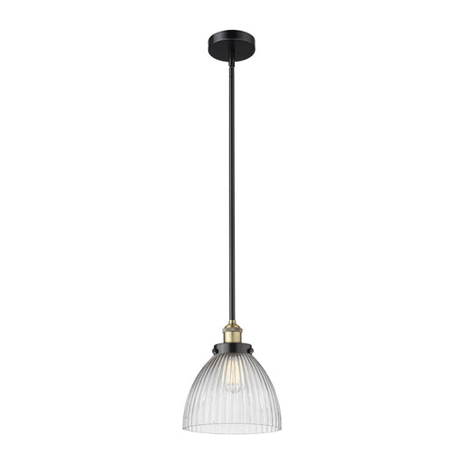 Innovations Seneca Falls 9.5in 1-Light Mini Pendant | Industrial Black Antique Brass and Clear Halophane Glass | Kitchen Island & | Model 616-1SH-BAB-G222