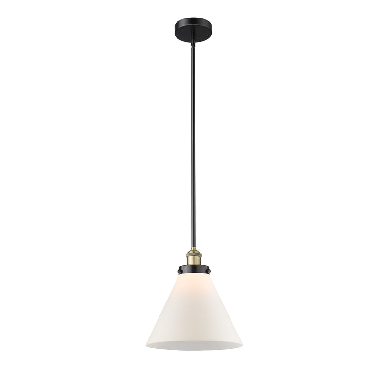 Innovations Cone 12in 1-Light Mini Pendant | Industrial Black Antique Brass Steel and Matte White Frosted Glass | Kitchen Island | Model 616-1SH-BAB-G41-L