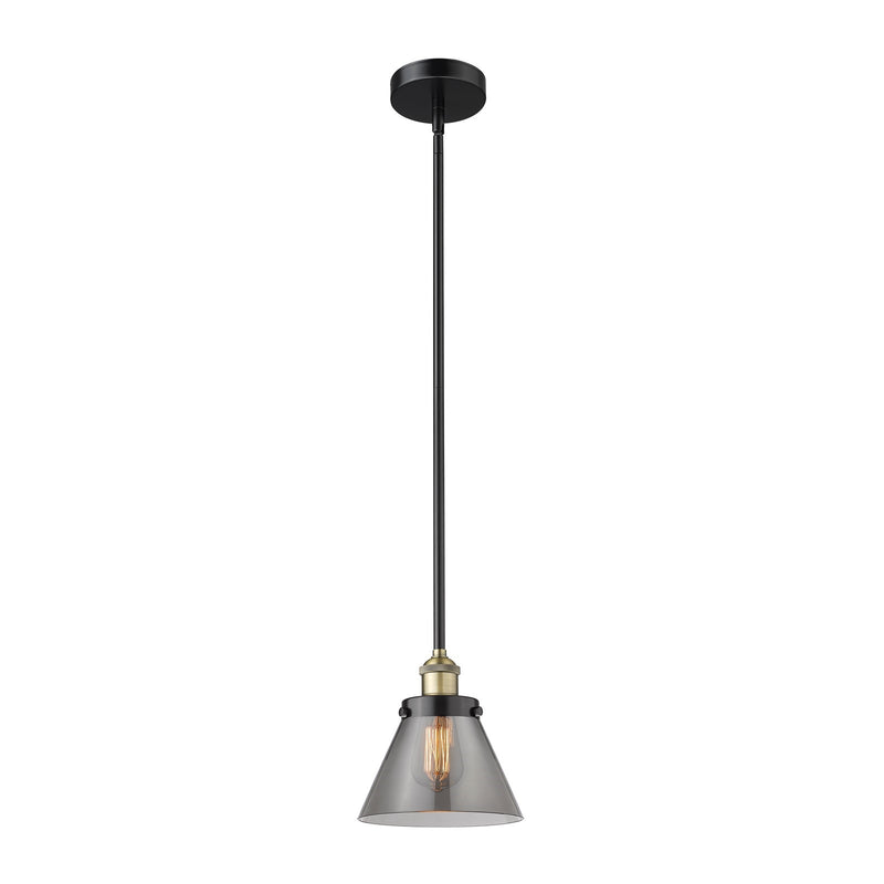 Innovations Cone 8in 1-Light Mini Pendant | Industrial Black Antique Brass and Light Smoke Glass | Kitchen Island & Dining Room | Model 616-1SH-BAB-G43