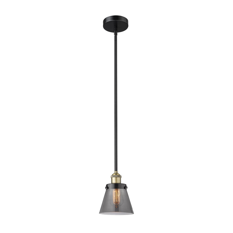 Innovations Cone 6.25in 1-Light Mini Pendant | Industrial Black Antique Brass Steel and Light Smoke Glass | Kitchen Island & | Model 616-1SH-BAB-G63