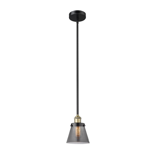 Innovations Cone 6.25in 1-Light Mini Pendant | Industrial Black Antique Brass Steel and Light Smoke Glass | Kitchen Island & | Model 616-1SH-BAB-G63