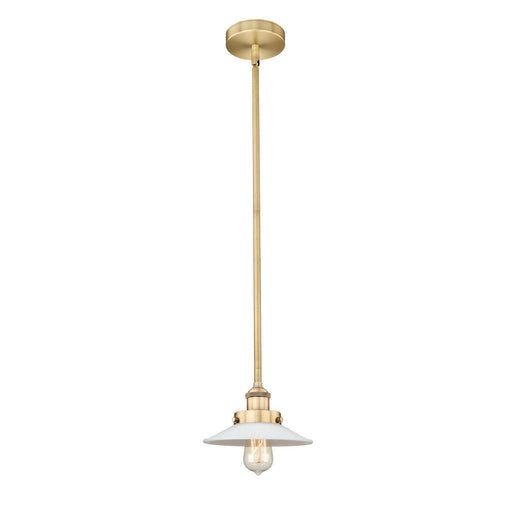 Innovations Halophane 9in 1-Light Mini Pendant | Industrial Brushed Brass Steel and Matte White Frosted Glass | Kitchen Island & | Model 616-1SH-BB-G1-LED
