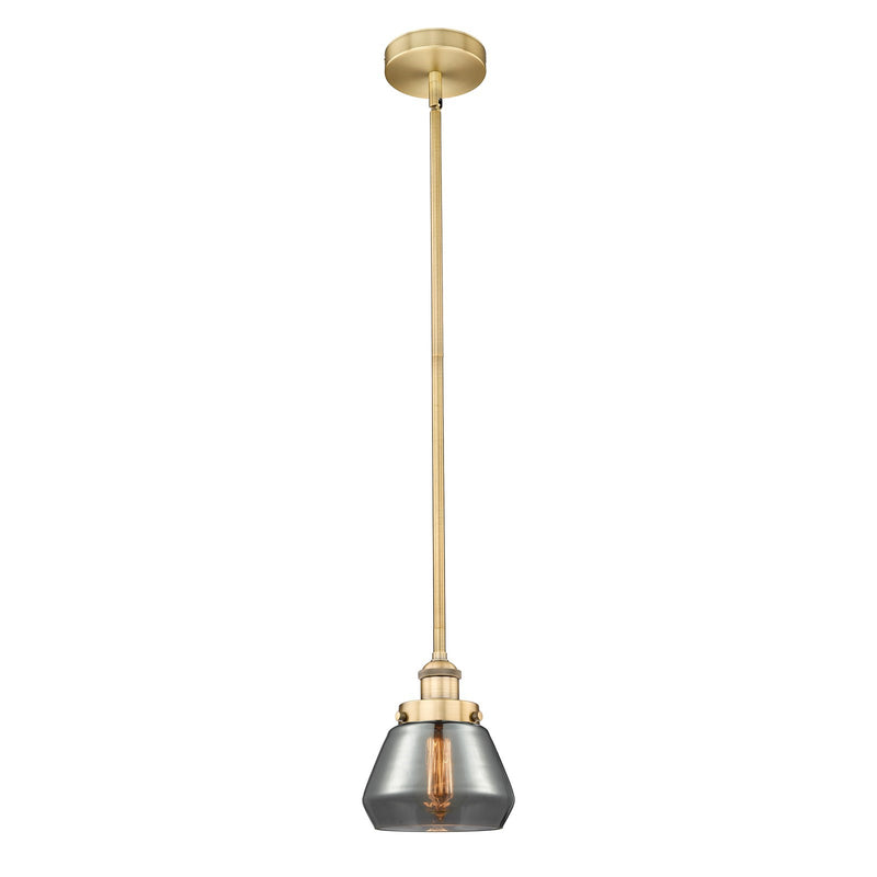Innovations Lighting Fulton 7in 1-Light Mini Pendant | Industrial Farmhouse Brushed Brass and Light Smoke Glass | Kitchen Island & | Model 616-1SH-BB-G173