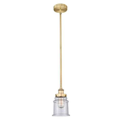 Innovations Canton 6in 1-Light Mini Pendant | Industrial Brushed Brass Steel and Seedy Glass | Kitchen Island & Dining Room | Model 616-1SH-BB-G184-LED