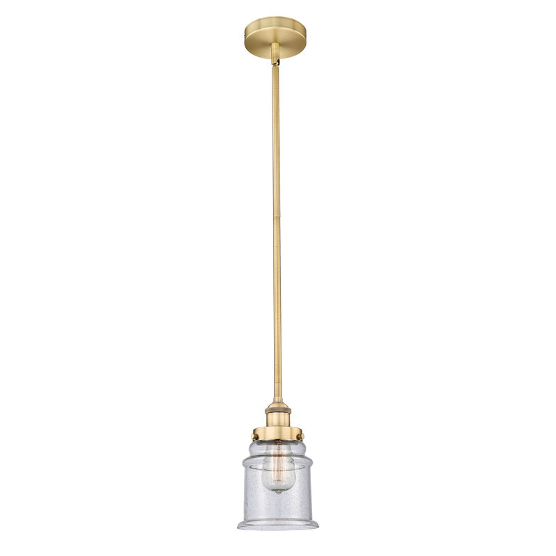 Innovations Canton 6in 1-Light Mini Pendant | Industrial Brushed Brass Steel and Seedy Glass | Kitchen Island & Dining Room | Model 616-1SH-BB-G184-LED