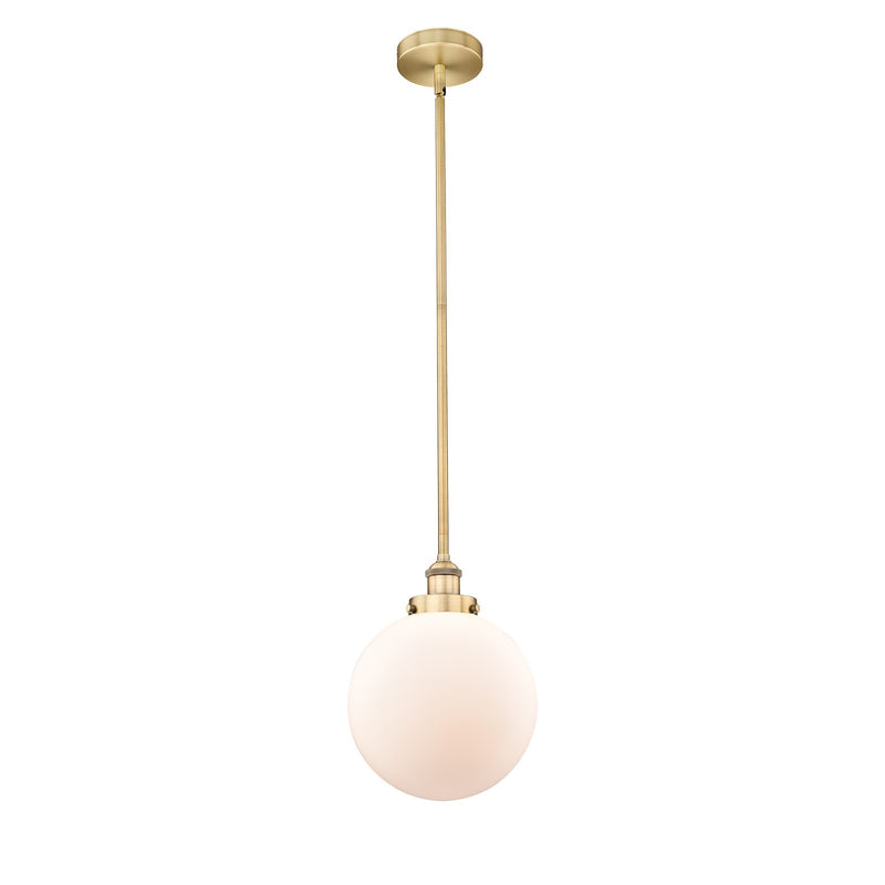 Innovations Beacon 10in 1-Light Mini Pendant | Industrial Brushed Brass Steel and Matte White Frosted Glass | Kitchen | Model 616-1SH-BB-G201-10-LED