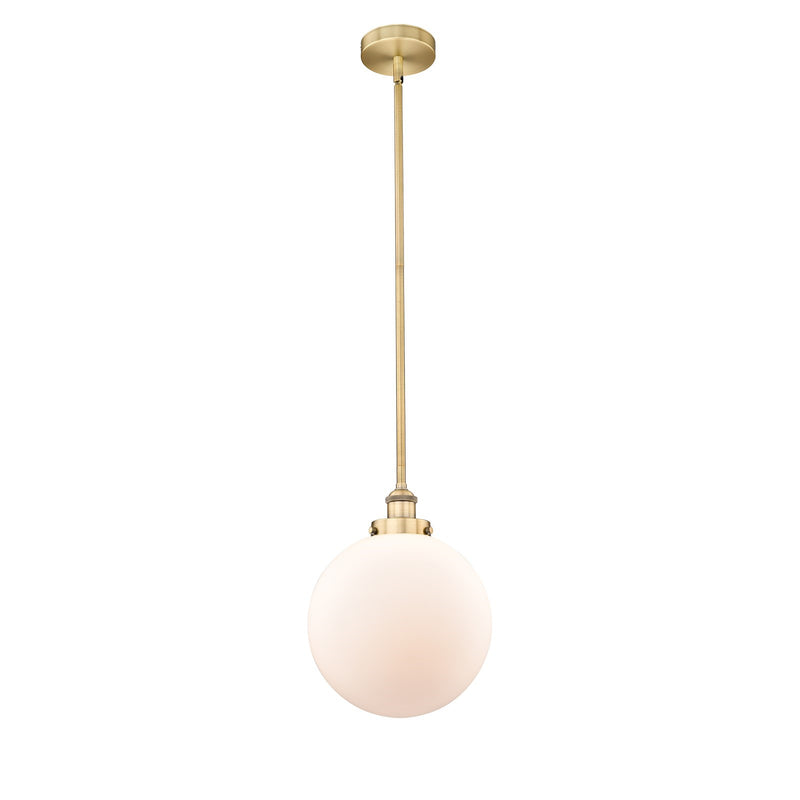 Innovations Beacon 12in 1-Light Mini Pendant | Industrial Brushed Brass Steel and Matte White Frosted Glass | Kitchen | Model 616-1SH-BB-G201-12-LED